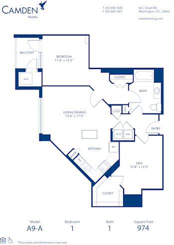 Blueprint of A9-A Floor Plan, 1 Bedroom and 1 Bathroom at Camden NoMa Apartments in Washington, DC