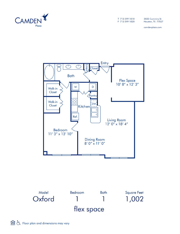 Blueprint of Oxford Floor Plan, 1 Bedroom and 1 Bathroom at Camden Plaza Apartments in Houston, TX