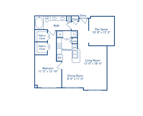 Blueprint of Oxford Floor Plan, 1 Bedroom and 1 Bathroom at Camden Plaza Apartments in Houston, TX