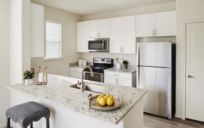Kitchen with Stainless Steel Appliance, white cabinetry and quartz countertops