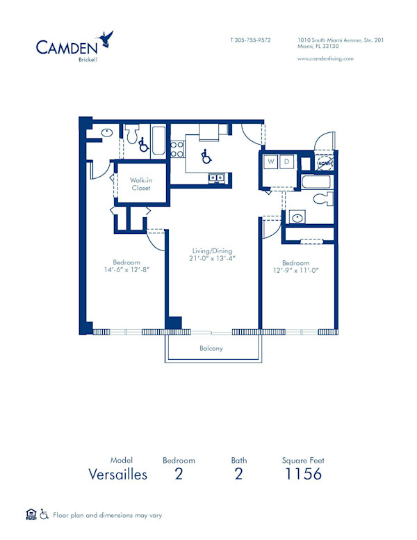 Blueprint of Versailles Floor Plan, 2 Bedrooms and 2 Bathrooms at Camden Brickell Apartments in Miami, FL