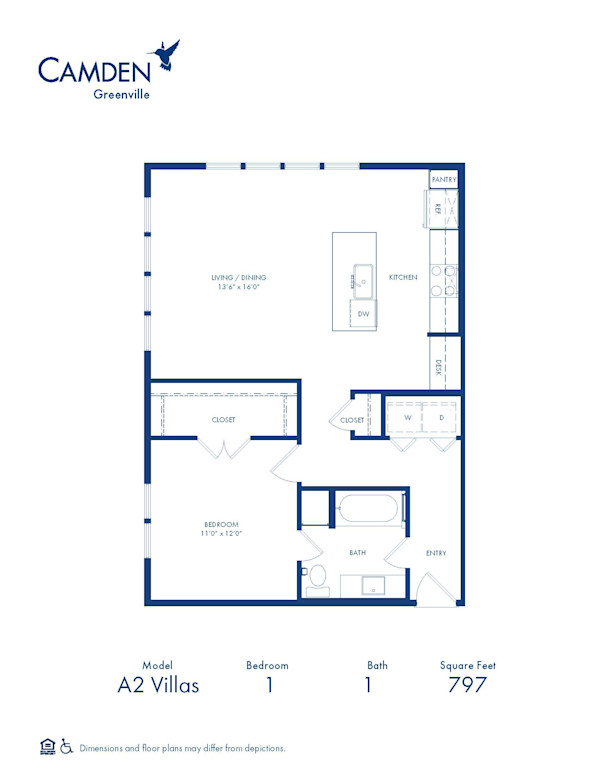 Camden Greenville Apartments in Dallas, TX, A2 Villas 1 bedroom 1 bathroom floor plan, 797 square feet