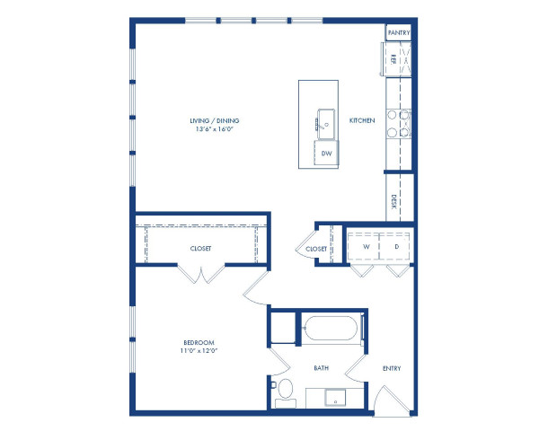 Camden Greenville Apartments in Dallas, TX, A2 Villas 1 bedroom 1 bathroom floor plan, 797 square feet