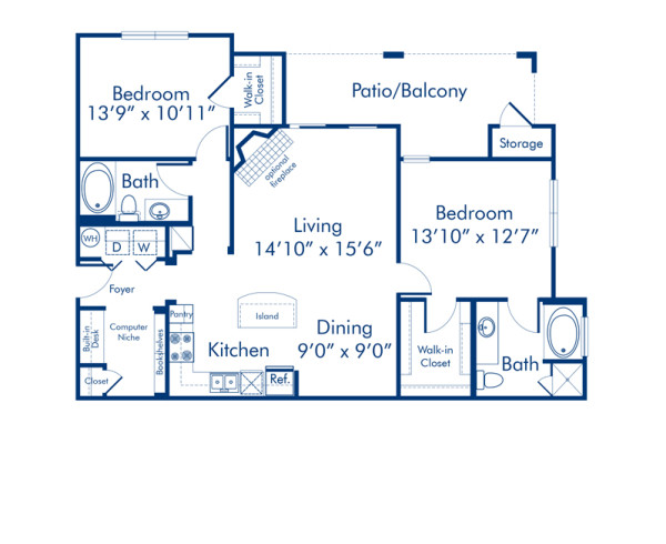 Blueprint of B2 Floor Plan, 2 Bedrooms and 2 Bathrooms at Camden Asbury Village Apartments in Raleigh, NC