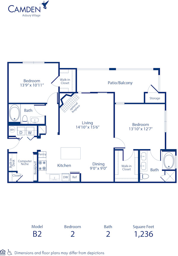 Blueprint of B2 Floor Plan, 2 Bedrooms and 2 Bathrooms at Camden Asbury Village Apartments in Raleigh, NC