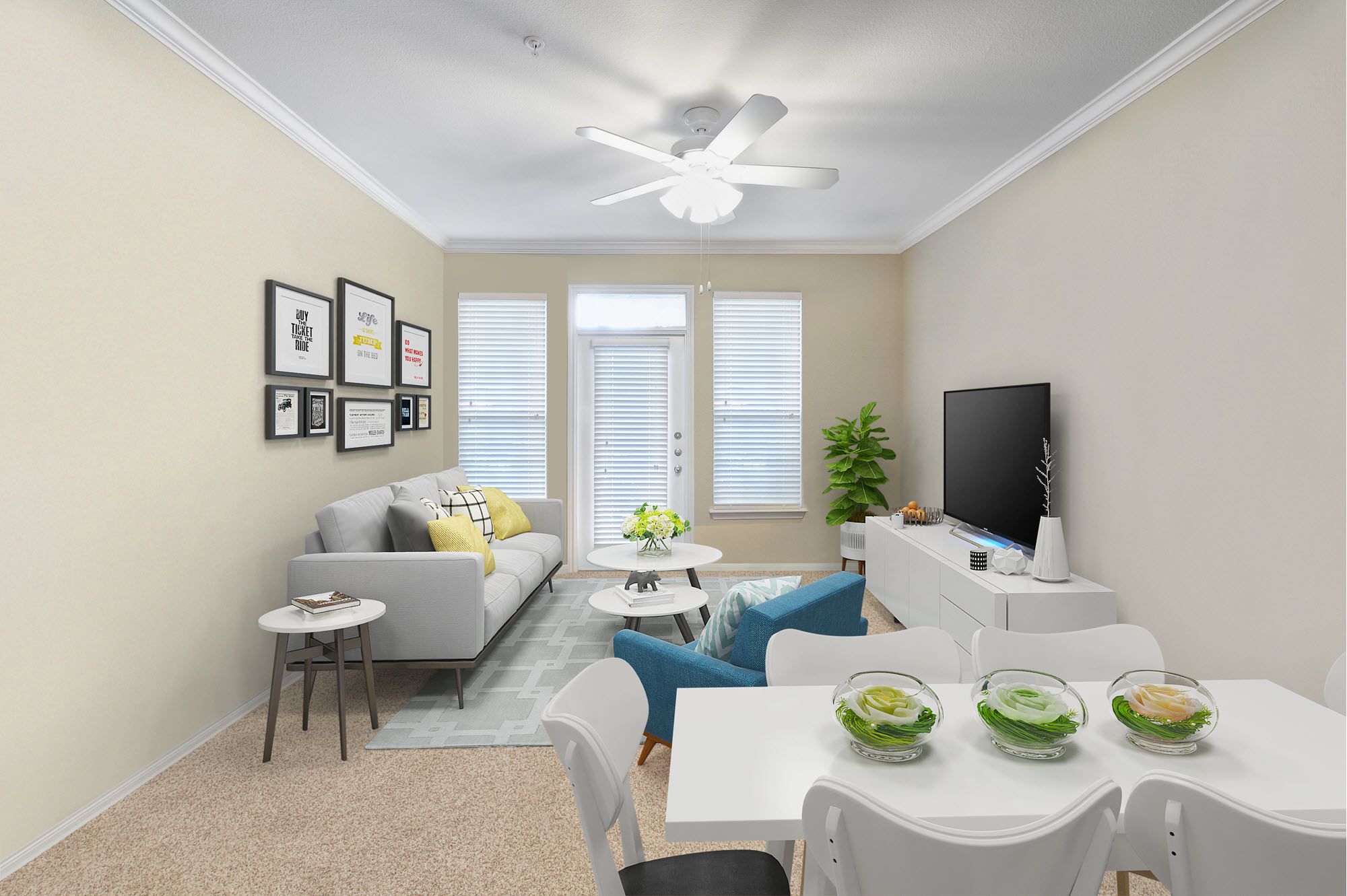 Living and dining area with carpet, ceiling fan, and crown molding