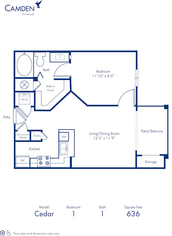 Blueprint of Cedar Floor Plan, 1 Bedroom and 1 Bathroom at Camden Dunwoody Apartments in Dunwoody, GA