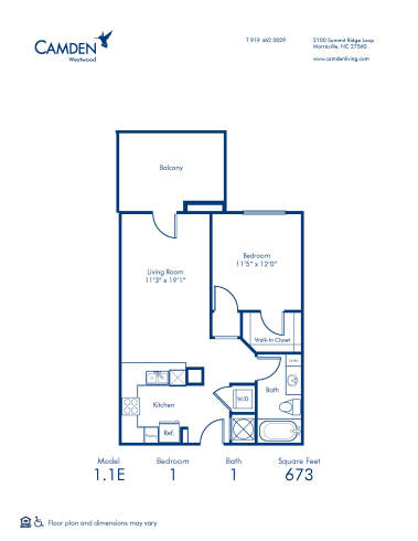 Blueprint of 1.1E floor plan, 1 bed, 1 bath at Camden Westwood in Morrisville, NC
