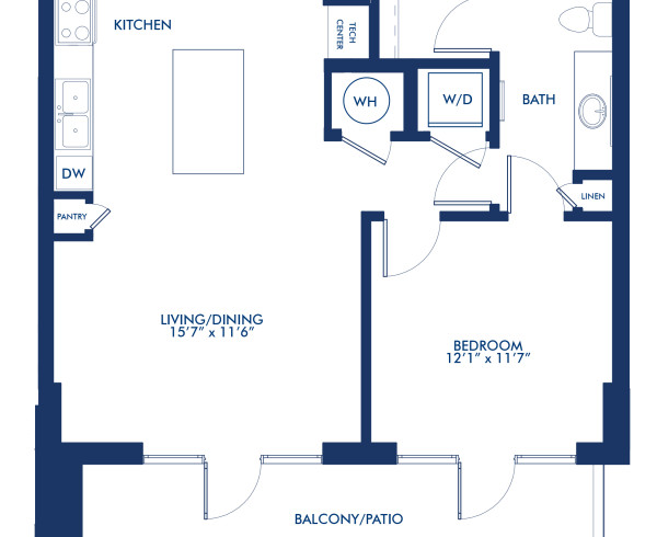Blueprint of A2 Floor Plan, One Bedroom and One Bathroom Apartment at Camden McGowen Station Apartments in Midtown Houston, TX