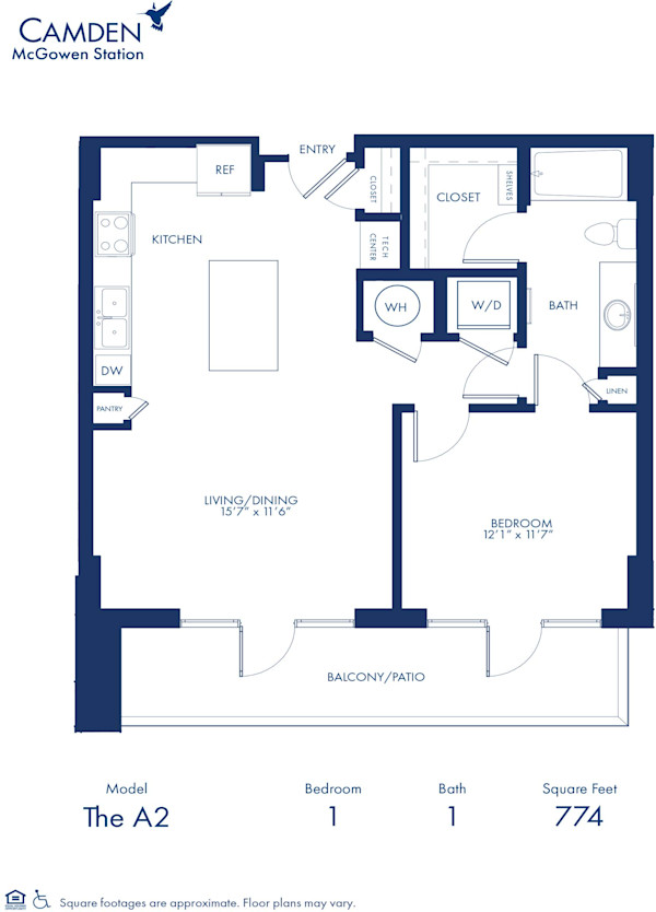 Blueprint of A2 Floor Plan, One Bedroom and One Bathroom Apartment at Camden McGowen Station Apartments in Midtown Houston, TX