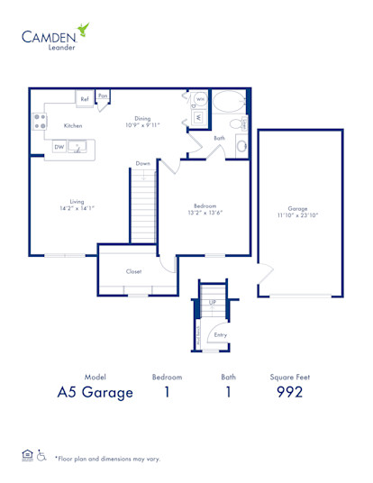 A5 Garage one bedroom one bathroom with attached garage 992 square feet floor plan at Camden Leander in Leander, TX