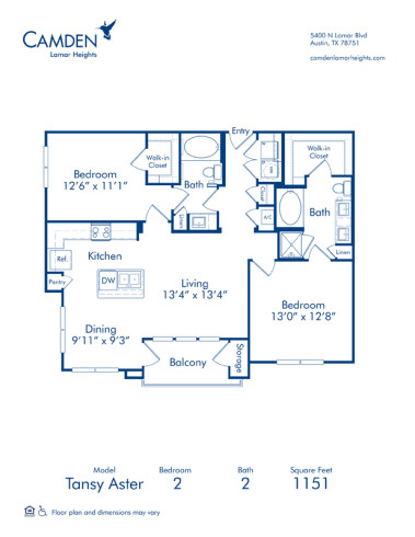 Blueprint of Tansy Aster Floor Plan, 2 Bedrooms and 2 Bathrooms at Camden Lamar Heights Apartments in Austin, TX