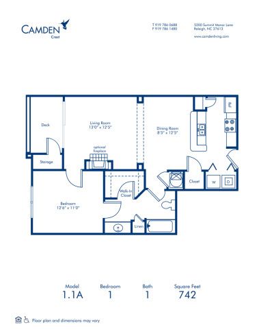 Blueprint of 1.1A-A Floor Plan, 1 Bedroom and 1 Bathroom at Camden Crest Apartments in Raleigh, NC