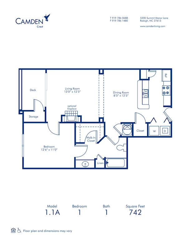 Blueprint of 1.1A-A Floor Plan, 1 Bedroom and 1 Bathroom at Camden Crest Apartments in Raleigh, NC