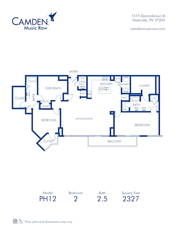 Blueprint of P12 Floor Plan, 2 Bedrooms and 2.5 Bathrooms at Camden Music Row Apartments in Nashville, TN