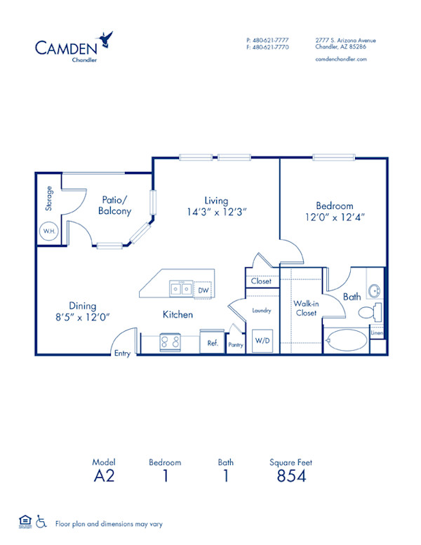 Blueprint of A2 Floor Plan, 1 Bedroom and 1 Bathroom at Camden Chandler Apartments in Chandler, AZ