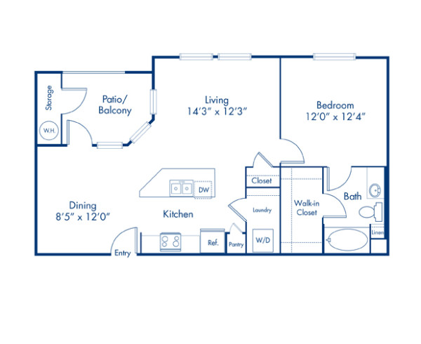 Blueprint of A2 Floor Plan, 1 Bedroom and 1 Bathroom at Camden Chandler Apartments in Chandler, AZ