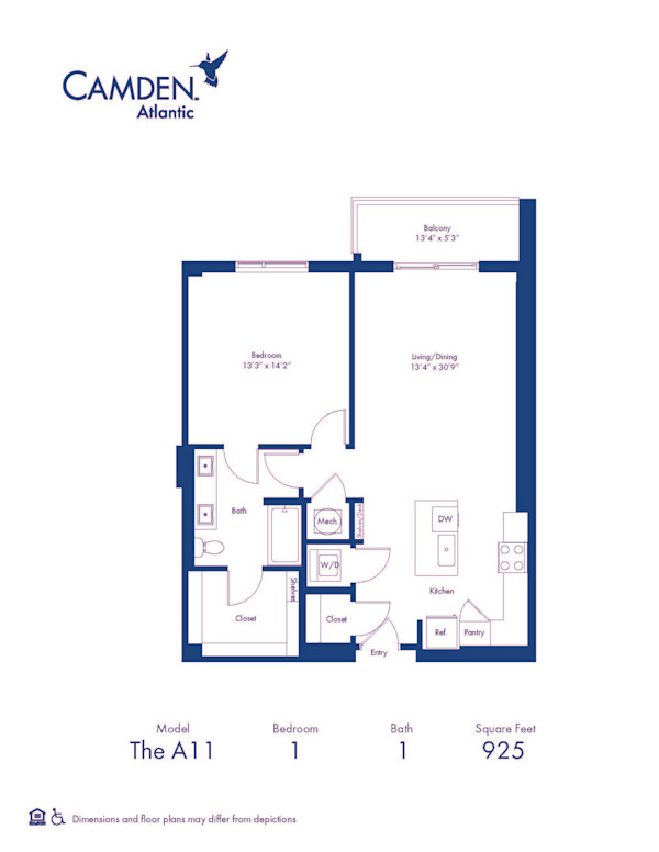 The A11 floor plan, 1 bed, 1 bath apartment home at Camden Atlantic in Plantation, FL