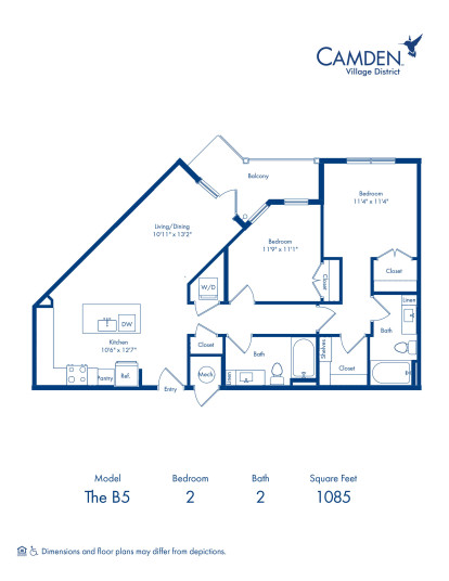 The B5 floorplan - two bedroom x two bathroom at Camden Village District in Raleigh, NC 