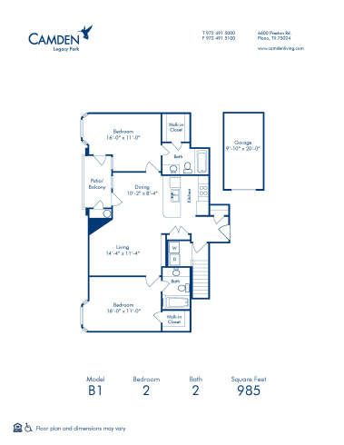 Blueprint of B1 Floor Plan, 2 Bedrooms and 2 Bathrooms at Camden Legacy Park Apartments in Plano, TX
