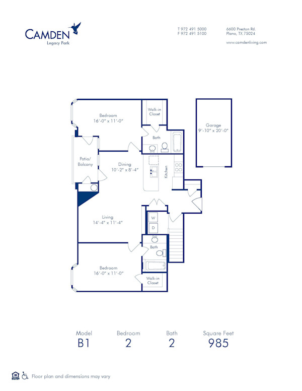 Blueprint of B1 Floor Plan, 2 Bedrooms and 2 Bathrooms at Camden Legacy Park Apartments in Plano, TX