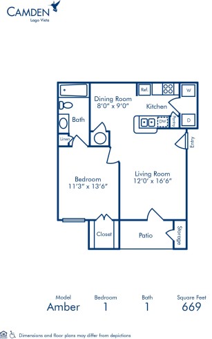 Blueprint of Amber Floor Plan, 1 Bedroom and 1 Bathroom at Camden Lago Vista Apartments in Orlando, FL