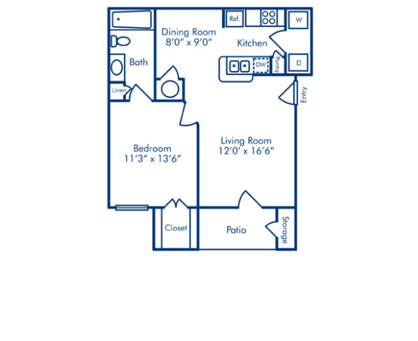 Blueprint of Amber Floor Plan, 1 Bedroom and 1 Bathroom at Camden Lago Vista Apartments in Orlando, FL