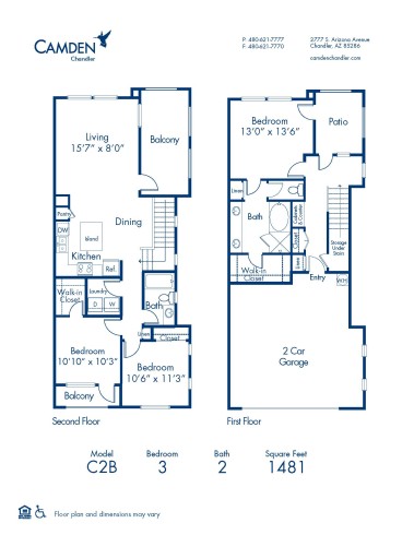 Blueprint of C2B Floor Plan, 3 Bedrooms and 2 Bathrooms at Camden Chandler Apartments in Chandler, AZ