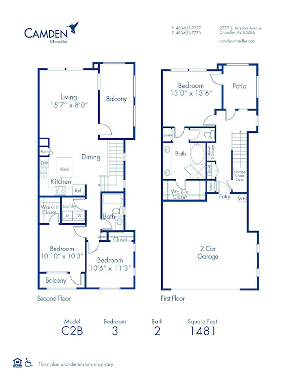 Blueprint of C2B Floor Plan, 3 Bedrooms and 2 Bathrooms at Camden Chandler Apartments in Chandler, AZ