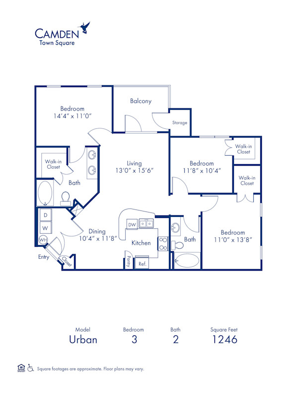 Blueprint of Urban Floor Plan, 3 Bedrooms and 2 Bathrooms at Camden Town Square Apartments in Kissimmee, FL
