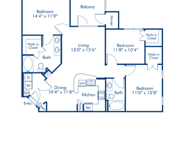 Blueprint of Urban Floor Plan, 3 Bedrooms and 2 Bathrooms at Camden Town Square Apartments in Kissimmee, FL