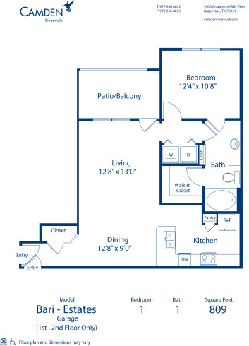 Blueprint of Bari Estates - Garage Floor Plan, 1 Bedroom and 1 Bathroom at Camden Riverwalk Apartments in Grapevine, TX
