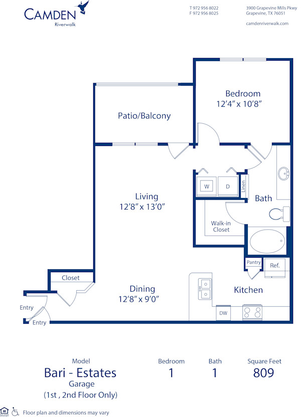 Blueprint of Bari Estates - Garage Floor Plan, 1 Bedroom and 1 Bathroom at Camden Riverwalk Apartments in Grapevine, TX