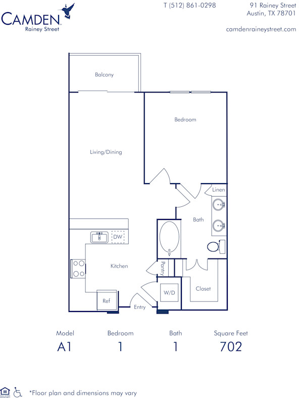 Camden Rainey Street Apartments in Austin, TX floor plan A1 studio