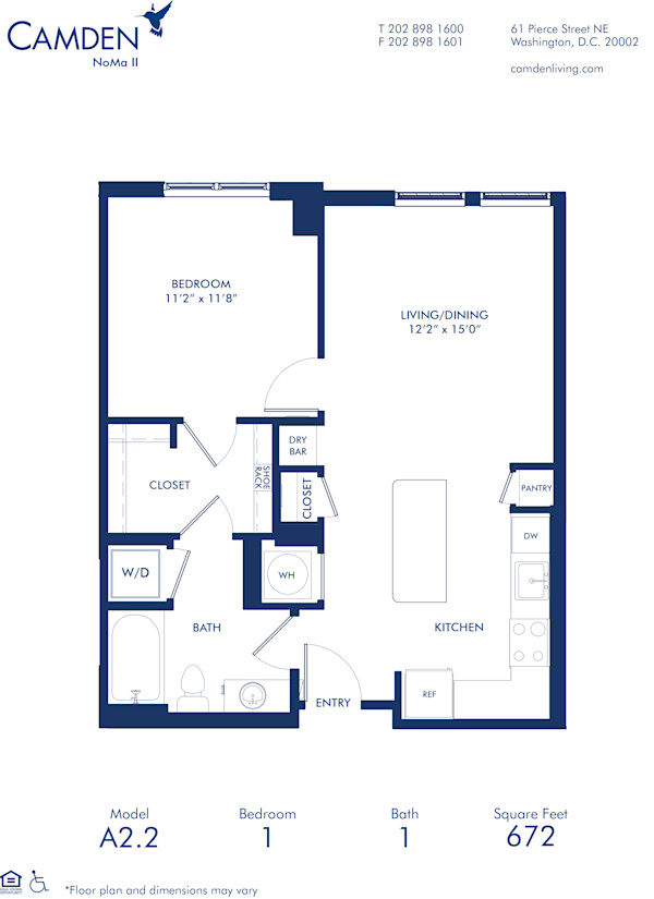 Blueprint of A2.2 Floor Plan, 1 Bedroom and 1 Bathroom at Camden NoMa II Apartments in Washington, DC