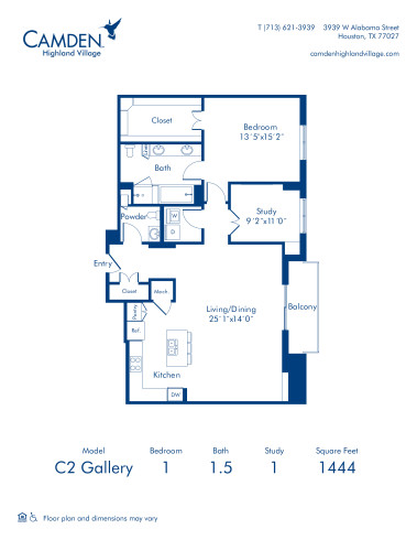 Camden Highland Village apartments in Houston, TX Gallery one bedroom floor plan C2