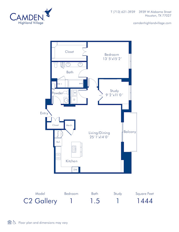 Camden Highland Village apartments in Houston, TX Gallery one bedroom floor plan C2