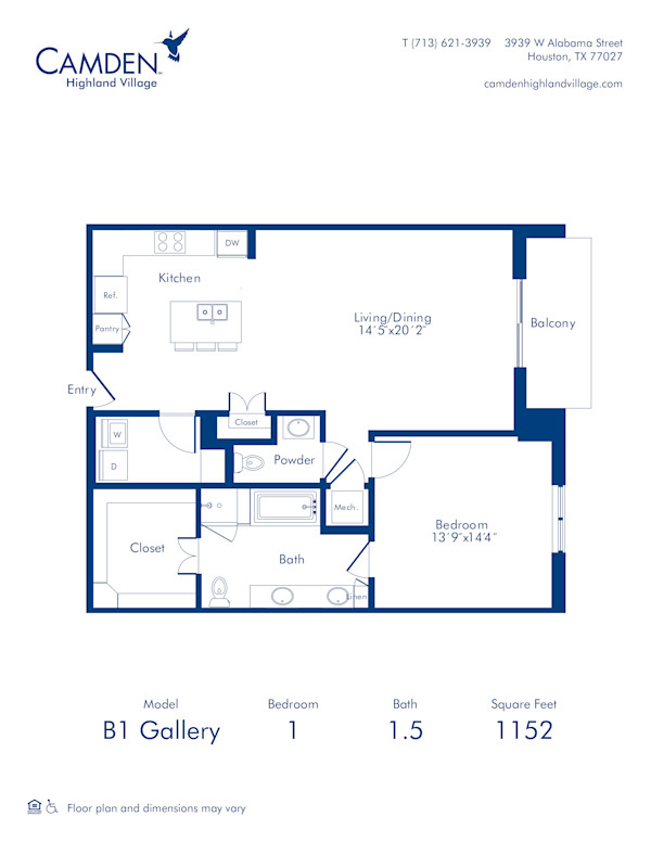 Camden Highland Village apartments in Houston, TX Gallery one bedroom floor plan B1