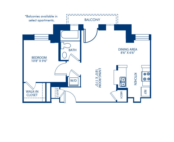 Blueprint of 1.1AB Floor Plan, 1 Bedroom and 1 Bathroom at Camden Roosevelt Apartments in Washington, DC