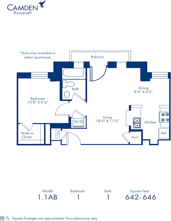 Blueprint of 1.1AB Floor Plan, 1 Bedroom and 1 Bathroom at Camden Roosevelt Apartments in Washington, DC