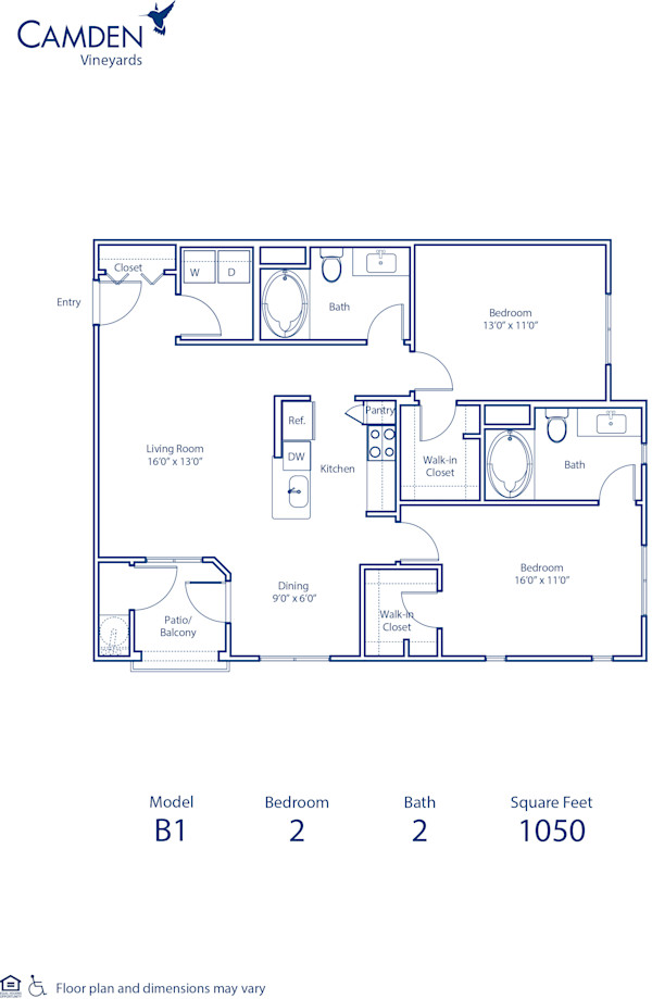 Blueprint of B1 Floor Plan, 2 Bedrooms and 2 Bathrooms at Camden Vineyards Apartments in Murrieta, CA