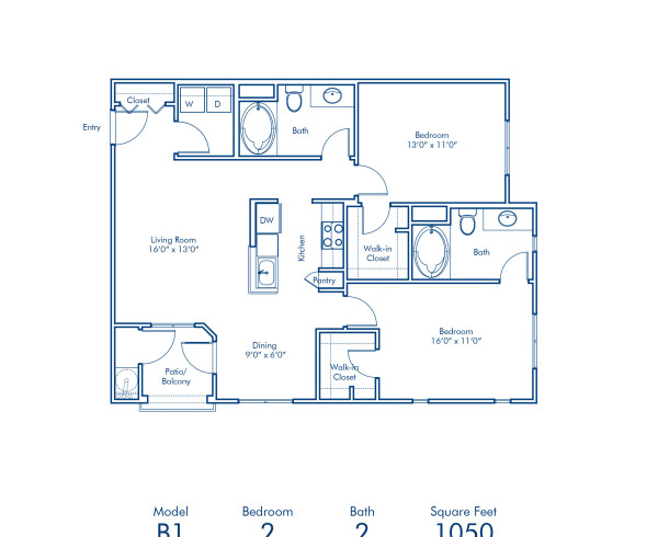 Blueprint of B1 Floor Plan, 2 Bedrooms and 2 Bathrooms at Camden Vineyards Apartments in Murrieta, CA