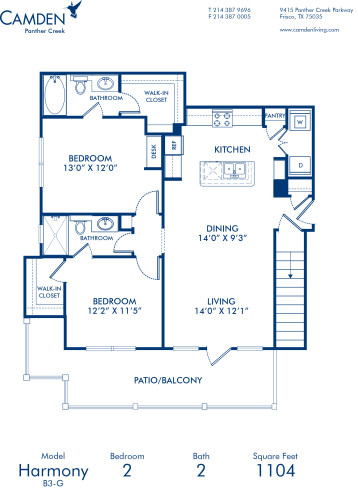 Blueprint of Harmony Floor Plan, 2 Bedrooms and 2 Bathrooms at Camden Panther Creek Apartments in Frisco, TX