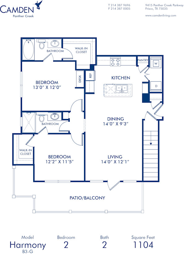 Blueprint of Harmony Floor Plan, 2 Bedrooms and 2 Bathrooms at Camden Panther Creek Apartments in Frisco, TX