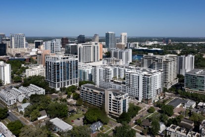 Aerial view of Camden Lake Eola and surrounding area.