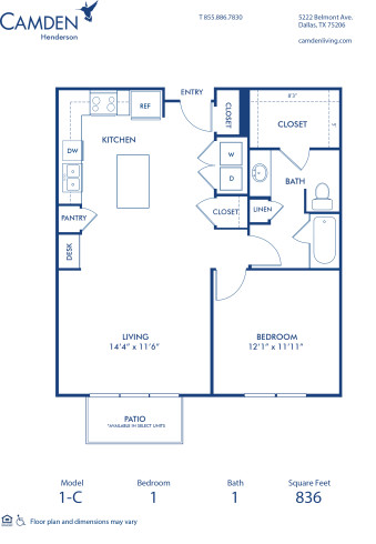 Blueprint of C Floor Plan, 1 Bedroom and 1 Bathroom at Camden Henderson Apartments in Dallas, TX