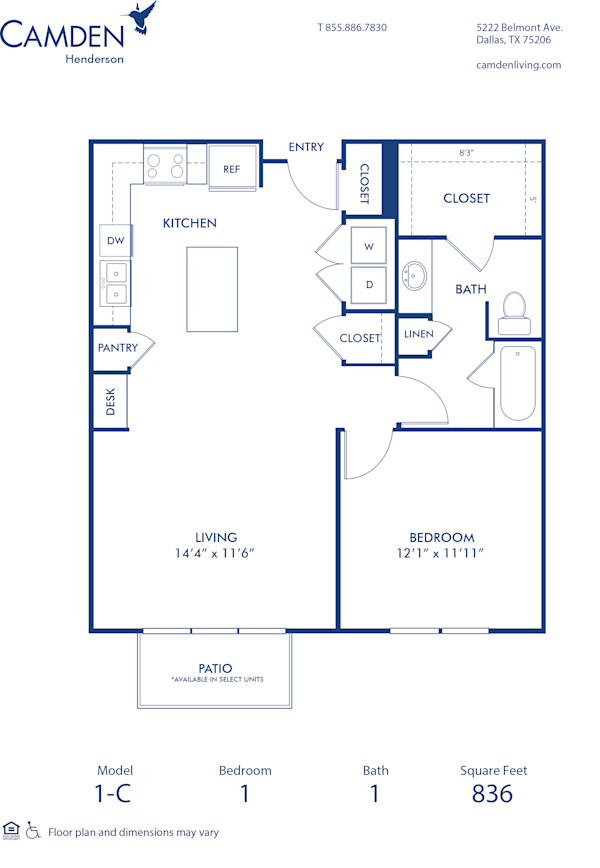 Blueprint of C Floor Plan, 1 Bedroom and 1 Bathroom at Camden Henderson Apartments in Dallas, TX
