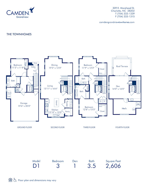 D1 Floor Plan, 3 bedroom and 3.5 bathroom apartment home at Camden Grandview Townhomes in Charlotte, NC
