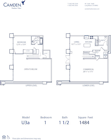 Blueprint of U3A Floor Plan, 1 Bedroom and 1.5 Bathrooms at Camden Harbor View Apartments in Long Beach, CA