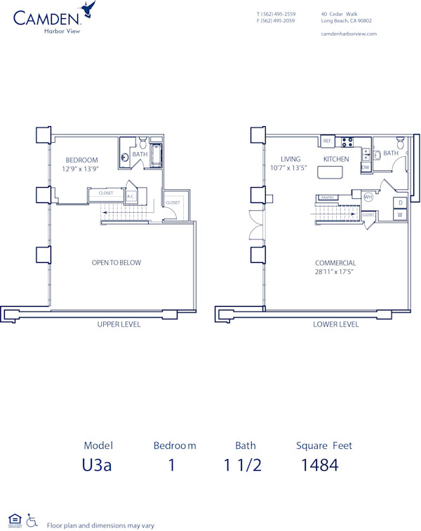 Blueprint of U3A Floor Plan, 1 Bedroom and 1.5 Bathrooms at Camden Harbor View Apartments in Long Beach, CA